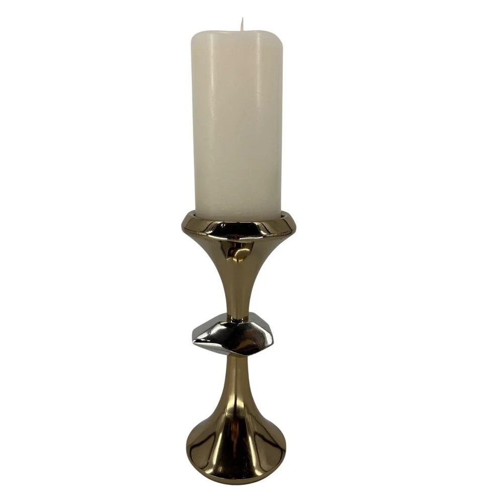 Modern Gold and Silver Geometric Pillar Candlestick Holder Heavy MCM Avant Garde